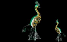 Murano Glass Peacock, 12" tall, in green and gold colourway.