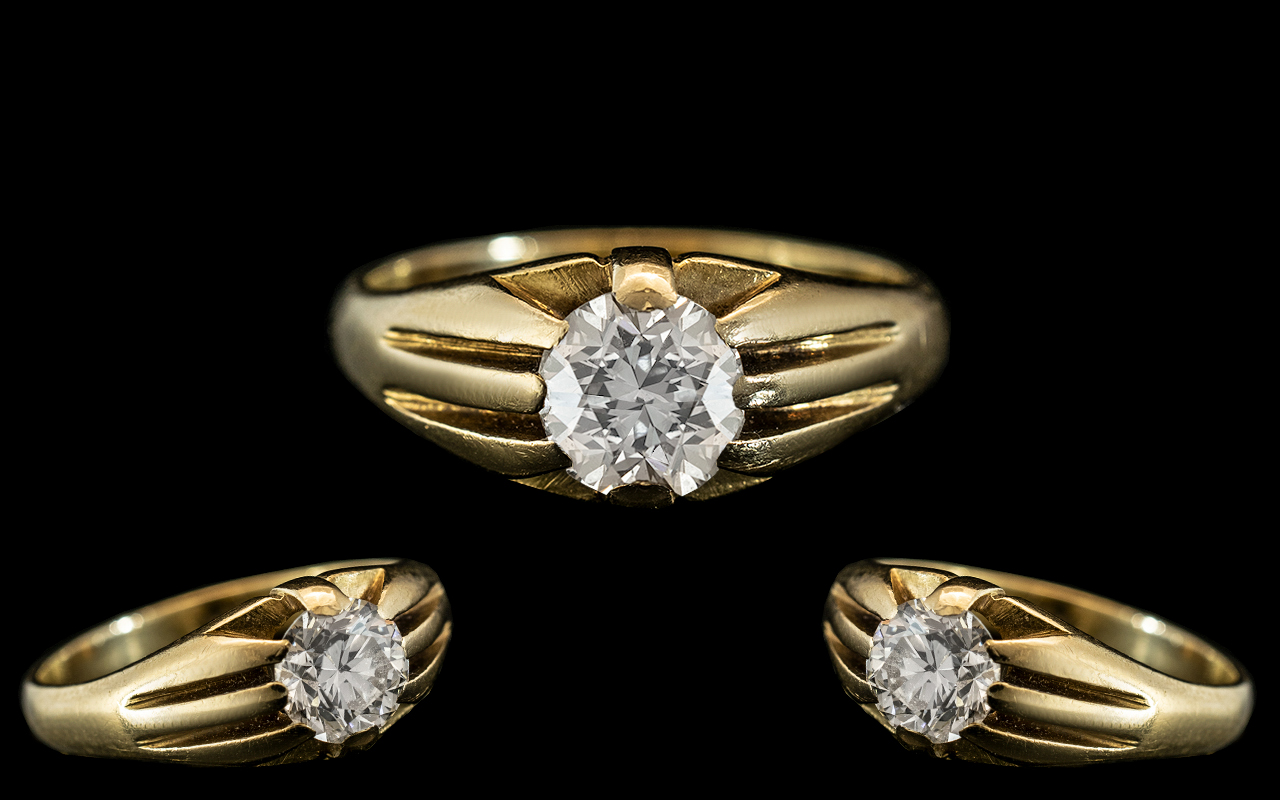 18ct Gold - Superb Quality Gentleman's Set Single Stone Diamond Ring - Gypsy Setting.