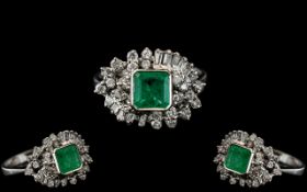 Art Deco - Platinum Emerald and Diamond Set Cocktail Ring. c.1930.