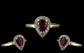 Ladies - 9ct Gold Attractive Diamond and Ruby Set Pear Shaped Dress Ring,
