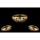 Late Victorian Period 18ct Gold - Attractive Rubies and Diamond Pave Set Ladies Ring.