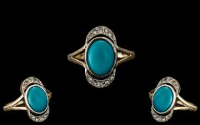 Edwardian Period Ladies - Exquisite and Pleasing 9ct Gold Turquoise and Diamond Set Ring,