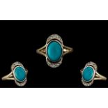 Edwardian Period Ladies - Exquisite and Pleasing 9ct Gold Turquoise and Diamond Set Ring,