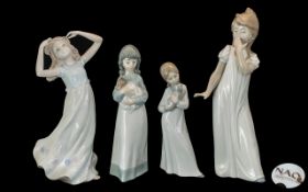Collection of Three Nao Figures comprising a girl with her puppy, 8" tall, a yawning girl 12" tall,