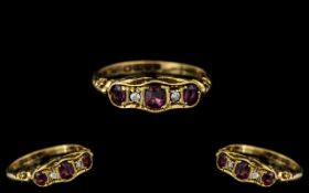 18ct Gold - Attractive Ruby and Diamond Set Ring, Excellent Designed Setting / Pretty.