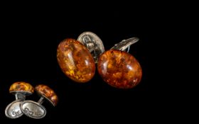 Silver Art Nouveau Amber Set Cufflinks.