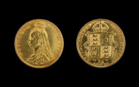 Queen Victorian - 22ct Gold Jubilee Head Shield Back Half Sovereign - Date 1892. London MInt /