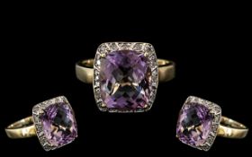 Ladies - Attractive 9ct Gold Amethyst and Diamond Set Ring, Excellent Setting. Marked 9ct.
