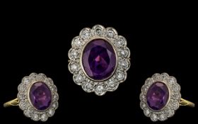 Ladies - Superb Quality 18ct Gold Impressive Diamond and Amethyst Set Cluster Ring. The Central Oval