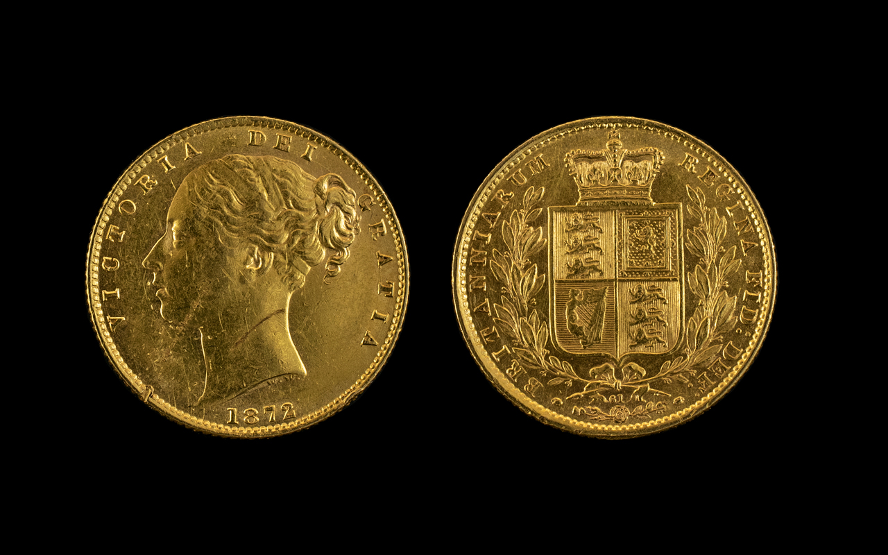 Queen Victoria 22ct Gold Young Head Shield Back Full Sovereign. Date 1872, Die No. 61. London