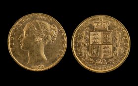 Queen Victoria 22ct Gold Shield Back Young Head Full Sovereign - Date 1871, London Mint,
