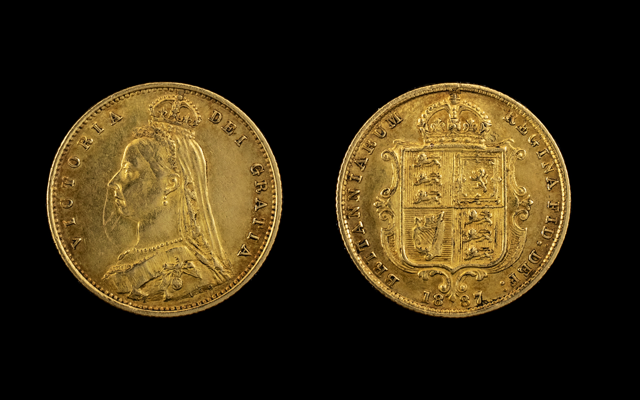 Queen Victoria 22ct Gold Jubilee Head - Shield Back Half Sovereign - Date 1887, London Mint / High