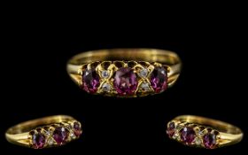Antique Period - Exquisite 18ct Gold Ruby and Diamond Set Ring, Gallery Setting.