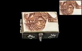Scrimshaw Interest. Silver Pill Box with Carved Bone Water Buffalo.