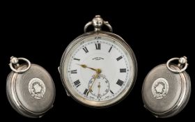 Sterling Silver Cased Open Faced Pocket Watch, Key-less Lever Movement, Enamel Dial, Gold Fingers.