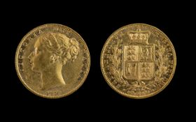 Queen Victoria Young Head - Shield Back 22ct Gold Full Sovereign - Date 1879. Sydney Mint.