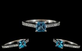 Platinum - Signed Excellent Quality Diamonds and Deep Aquamarine Set Ring.