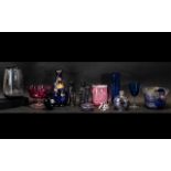 Collection of Coloured Glass, comprising an 8" blue vase with gilt leaf trim, a 7" tall blue vase,