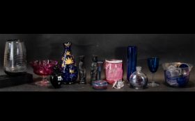 Collection of Coloured Glass, comprising an 8" blue vase with gilt leaf trim, a 7" tall blue vase,