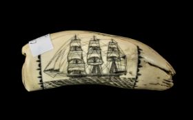 Whale Tooth - Ivory Scrimshaw, Carved by a Sailor from The Ship Tamarnb.