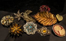 Vintage Costume Jewellery Brooches. Various Designs, Shapes and Sizes ( 10 ) In Total.