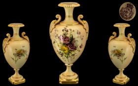 Royal Worcester Hand Painted Blush Ivory Tall and Impressive Twin Handle Urn Shaped Vase,