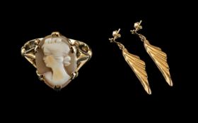 Pair of 9ct Gold Embossed Drop Earrings, together with a 9ct gold Cameo ring. Gross weight 3.