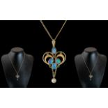 Antique Period - Ladies Attractive 9ct Gold Opal Emerald and Pearl Set Pendant Drop.