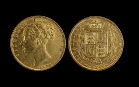 Queen Victoria 22ct Gold Shield Back Young Head Full Sovereign - Date 1854.