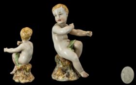 Royal Worcester Kerr and Binns 1862 Hand Painted Boy Figure Sitting on a Tree Stump. c.1862.