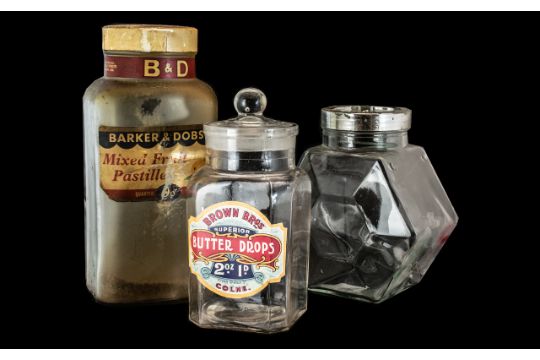 Advertising Interest. Collection of Mid Century Glass Sweet Jars. Bonds of London, Borgonovo ( Italy