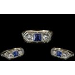 Art Deco Period Ladies 18ct White Gold and Platinum - Sapphire and Diamond Set 3 Stone Ring. c.1930.