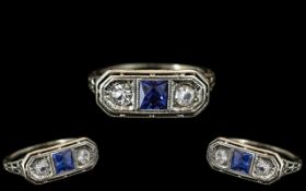 Art Deco Period Ladies 18ct White Gold and Platinum - Sapphire and Diamond Set 3 Stone Ring. c.1930.