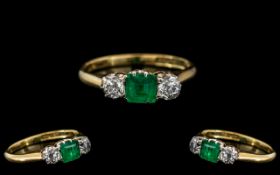 18ct Gold - Attractive 3 Stone Diamond and Emerald Ring. Full Hallmark to Interior of Shank.
