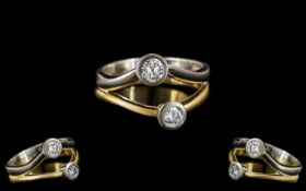 18ct Two Tone Gold Attractive Two Stone Diamond Ring. Marked 18ct to Interior of Shank. The Two