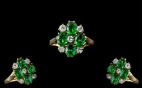 Ladies 9ct Gold Attractive Diamond and Green Stone Set Dress Ring. Marked 9.375 to Interior of