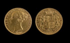 Queen Victoria 22ct Gold Young Head/Shield Back Full Sovereign. Date 1868, die No. 13, London