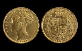 Queen Victoria 22ct Gold Shield Back - Young Head Full Sovereign - Date 1851.
