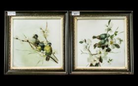 Two Mixed Media Paintings on Panel, depicting birds on branches.