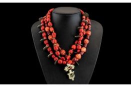 Antique Period Superb Triple Strand Red Coral Ceremonial Necklace Set, With Coin Spacers. 265.