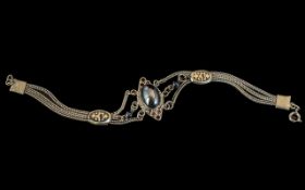 Antique Silver Fancy Link Bracelet. Ornate Bracelet with Cabochon Cut Large Stone to Centre. 6.