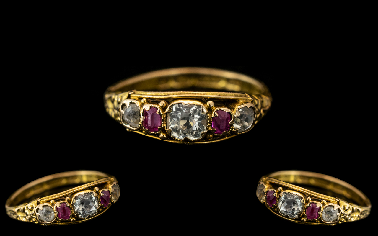 Antique Period - Attractive and Splendid 15ct Gold - Sapphire and Ruby Set Ring.