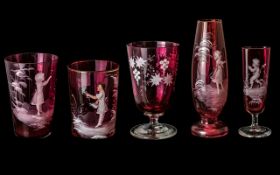 Victorian Period Collection of Mary Gregory Cranberry Glass Items. ( 5 ) Items In Total.