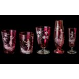 Victorian Period Collection of Mary Gregory Cranberry Glass Items. ( 5 ) Items In Total.