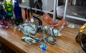 Collection of Murano glass Figures, comprising five multi coloured fish figures, largest 8" tall,