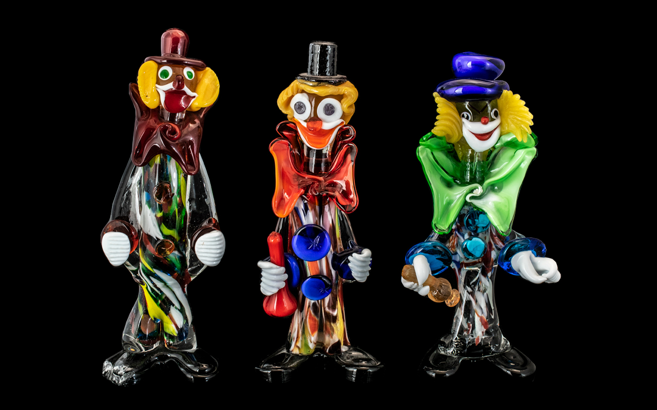 Murano - Fine Trio of Multi-Colour Glass Novelty Clown Figures. c.1960's. All In Excellent Condition