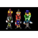 Murano - Fine Trio of Multi-Colour Glass Novelty Clown Figures. c.1960's. All In Excellent Condition