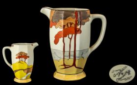 Clarice Cliff - Eight Sided Hand Painted 1930's Jug ' Coral Firs ' c.1933-1938. Bizarre Range.