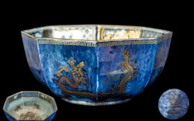 Wedgwood - Superb Printed and Hand Painted Octagonal Sided Lustre Bowl ' Golden Dragon ' Pattern.