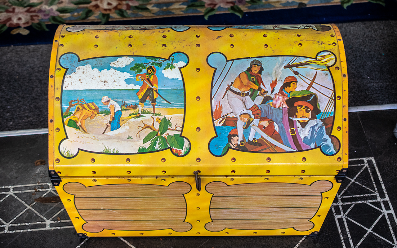 A Child's Tin Plate Toy Box, bright yellow with pirate themes. Riveted construction. Measures 17.